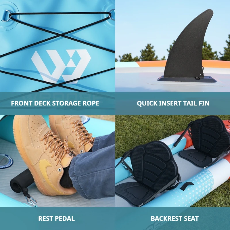 เรือคายัคเป่าลม 3 ห้อง, ทนทาน รับน้ำหนักได้ 200 กก. ทำจาก PVC พร้อมวาล์วระบายน้ำและครีบเร็วสำหรับตกปลา