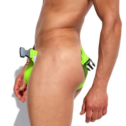 Bañador Sexy con botón abierto lateral para hombre, Bikini de nailon de cintura baja, traje de baño Gay, ropa de playa deportiva para surfear