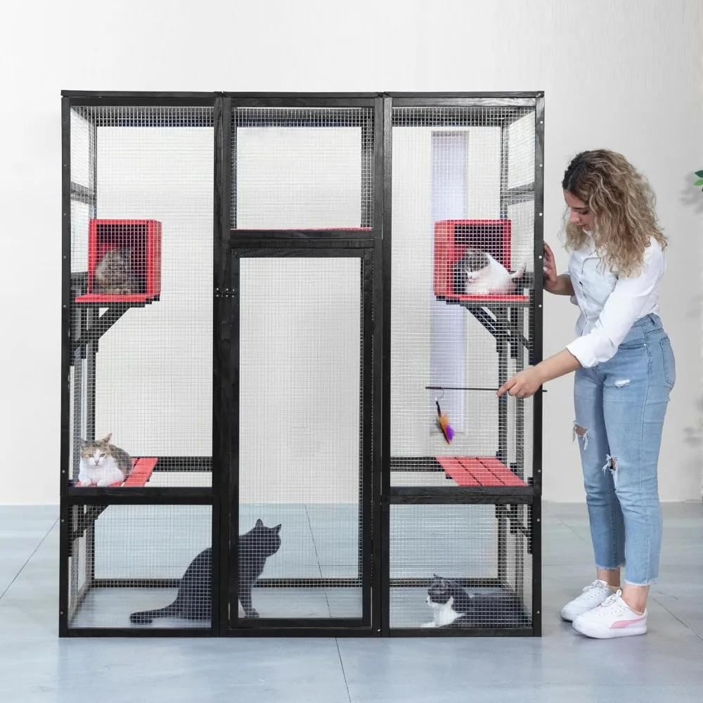 

71-дюймовый большой деревянный корпус для кошек на открытом воздухе Catio с жерновами и презервативами, укрытие для кошек, 7 платформами и 2 ящиками для отдыха, устойчивый к ультрафиолетовому излучению