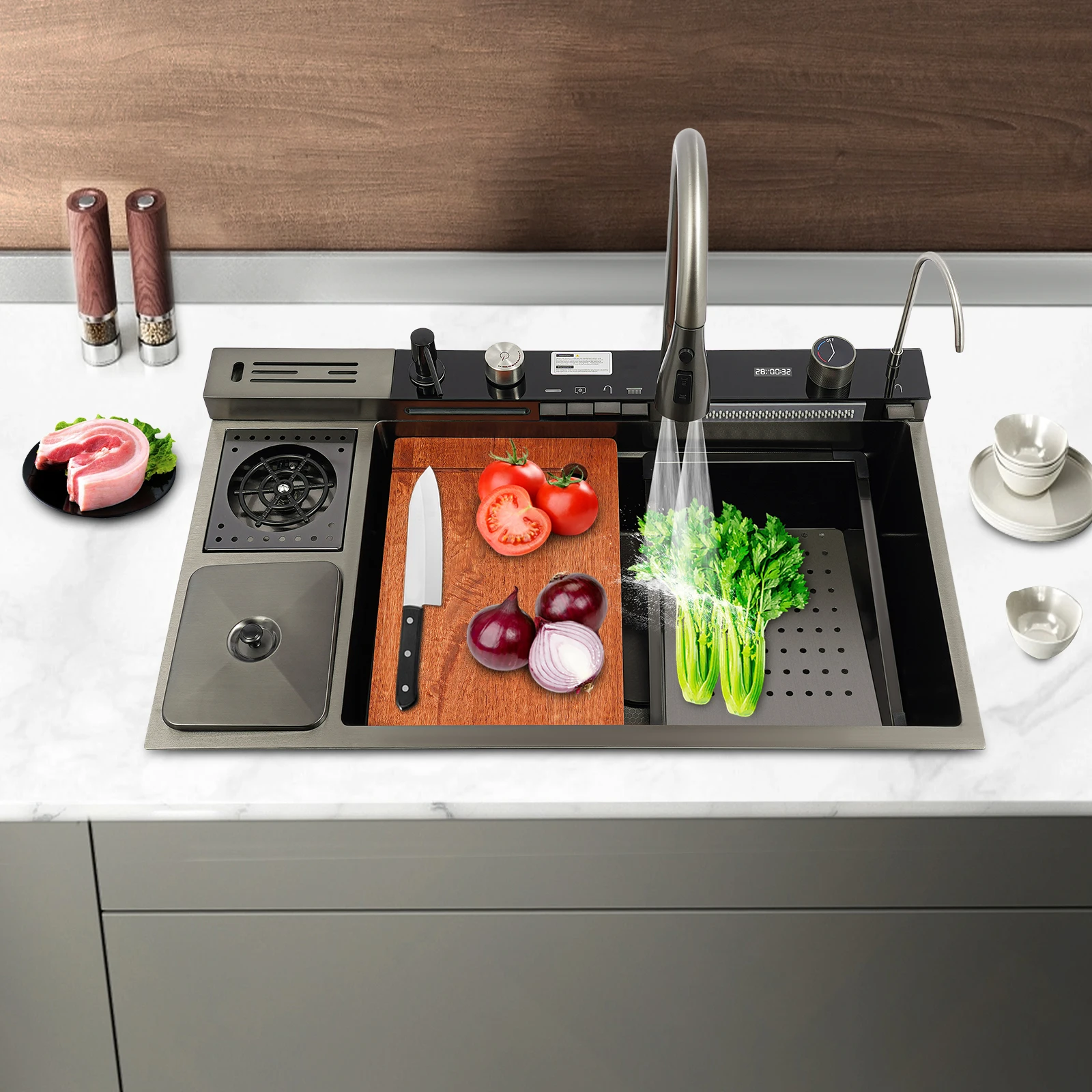 Waterfall Kitchen Sink 304 Stainless Steel Kitchen Sink 820*480mm Multifunctional Digital Display Modern Nano Black  Counter Top