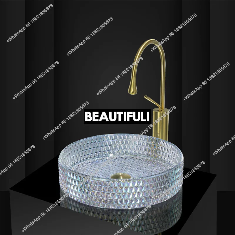 

Стеклянная раковина на столешнице для отеля, раковина для мытья рук, гальваническая красочная кристаллическая литая прозрачная раковина для балкона