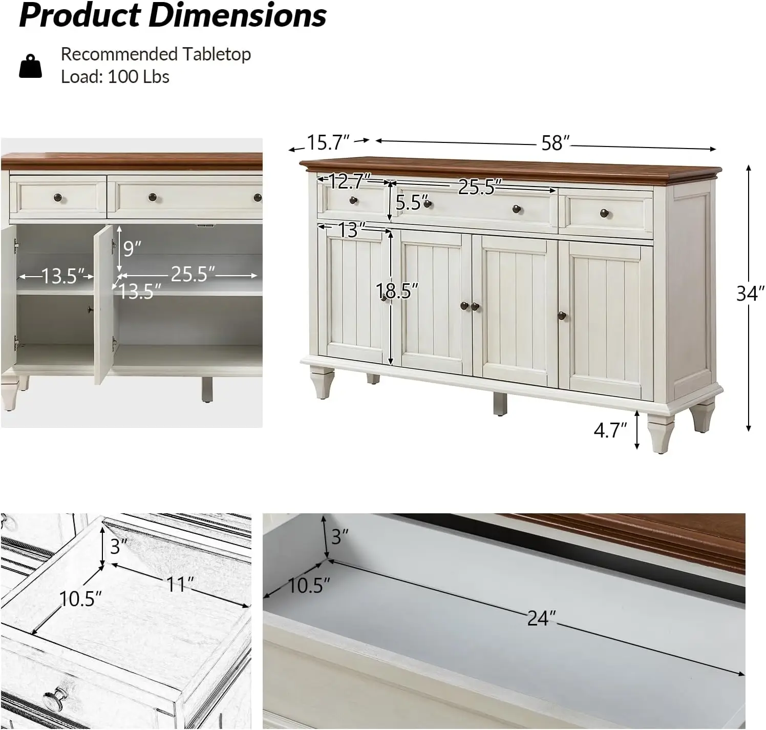 MEDala-Armoire de Rangement Traditionnelle pour la Maison, Buffet de Ferme avec Rangement Chic, 58