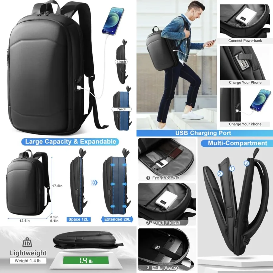 

Business Backpack for Men, Slim and Expandable Waterproof Travel Laptop Backpack with USB Chargg, Anti-Theft Lightweight Large