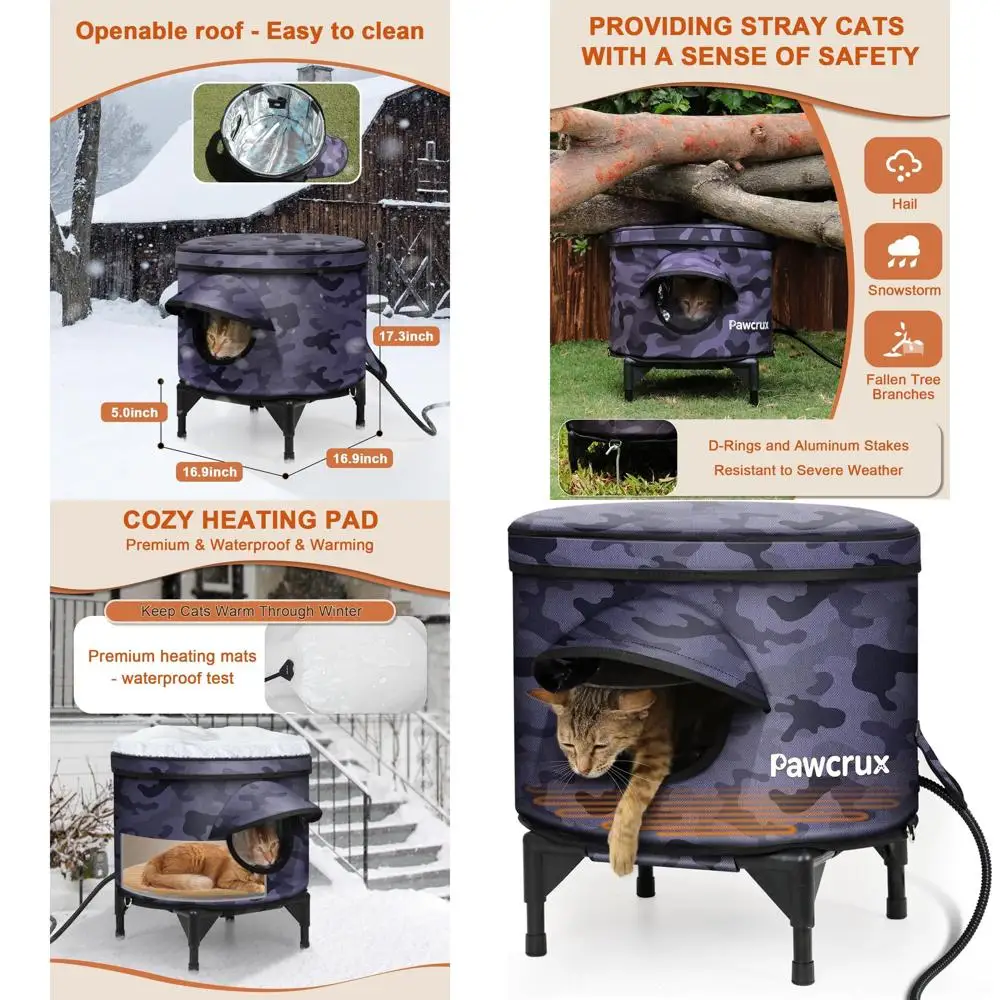 

Зимний уличный изолированный кошачий домик с грелками, безопасная дверь для побега, защищенное от атмосферных воздействий укрытие для бродячих кошек, черный камуфляж, 16,9x16.