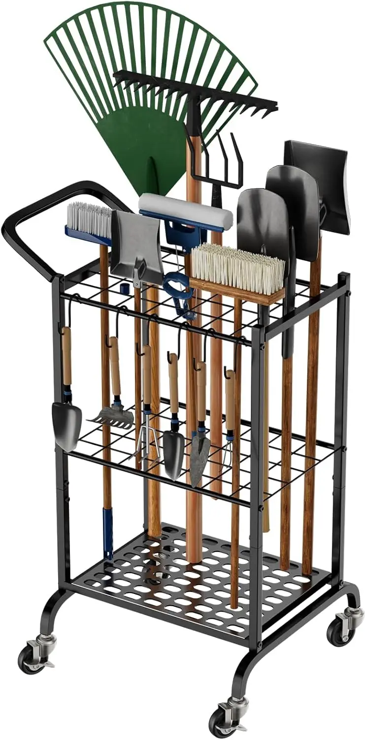 

Portable Garden Tool Organizer with Wheels, Holds Up to 35 Long-Handled Tools, Metal Rack with 6 Hooks for Garage Storage