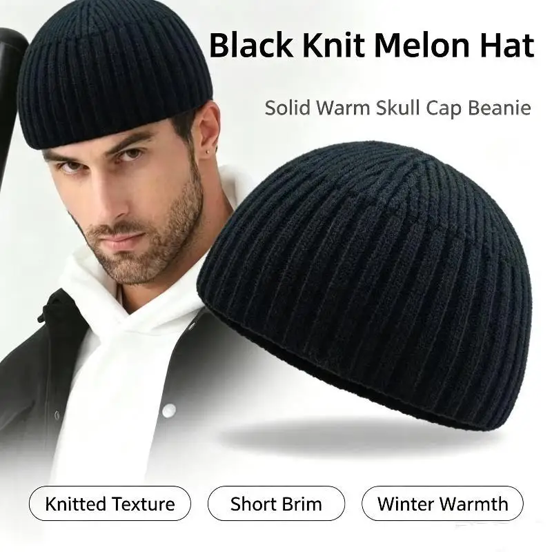 Unisex Solid Color Knitted Brimless Cap Warm Vintage Dome Hat Soft Fleece Lined Street Headwear for Cold Winter Commuting