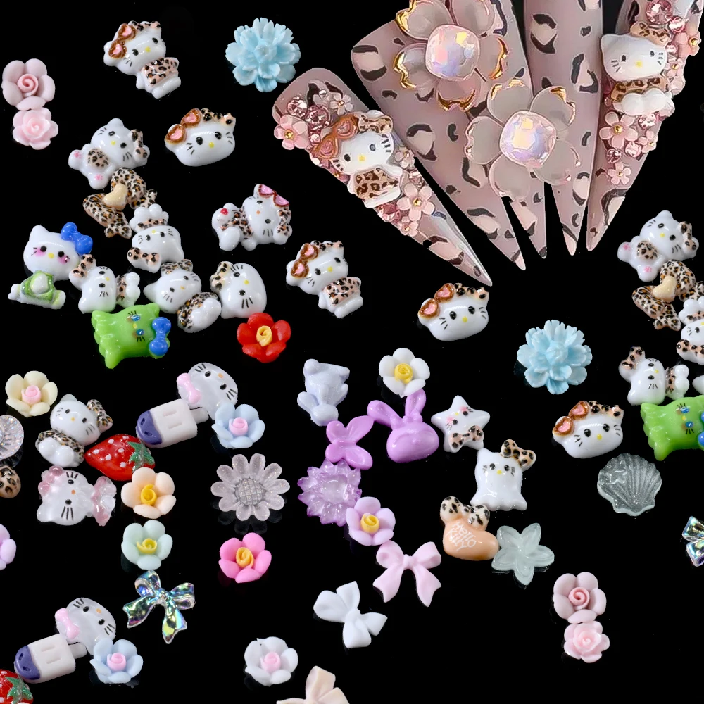 3D 믹스 레오파드 프린트 헬로키티 네일 아트 데코 귀여운 나비 꽃 보우 네일 참 24칸 레오파드 KT 네일 부품