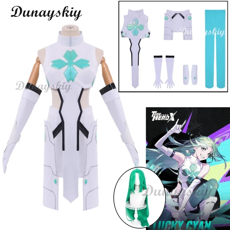 

Lucky Cyan Cosplay White Green Uniform Cosplay Anime To Be Hero X Costume Wig Outfit Gloves Halloween Party for Women Carnival
