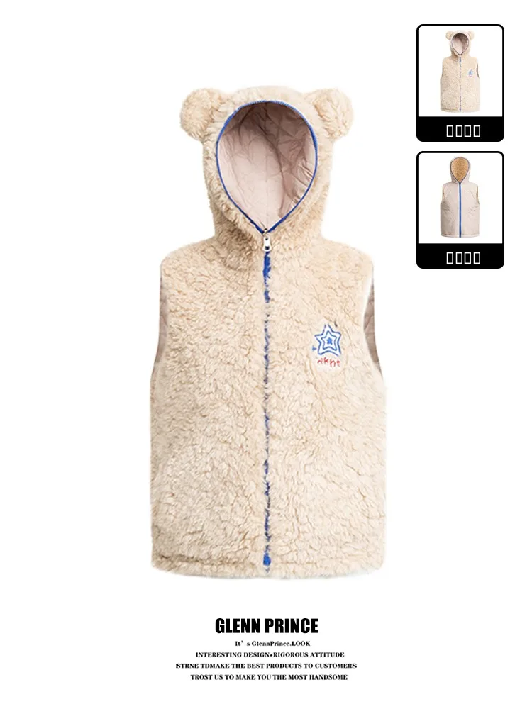 

Утепленная двусторонняя хлопковая жилетка свободного кроя с капюшоном для молодежи, зимняя повседневная, на молнии