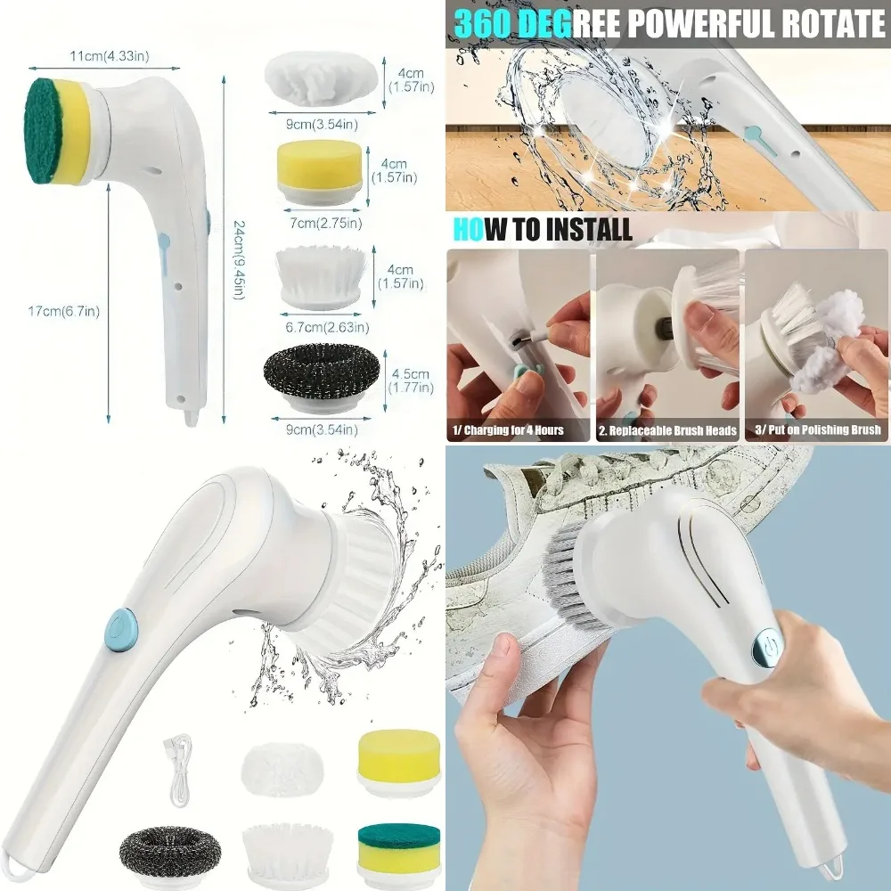 

Беспроводная ручная щетка для чистки с 5 сменными насадками, портативный вращающийся скруббер для ванных комнат, ванн, плитки, полов