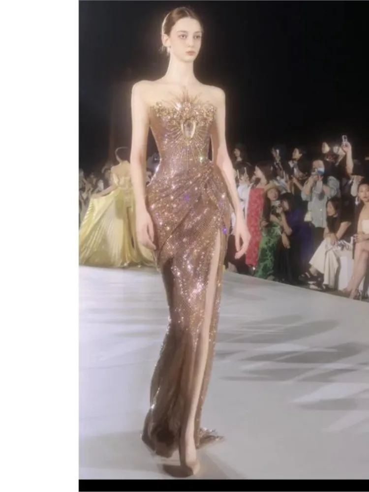 Golden banquet style sequined fishtail host light luxury toasting dress