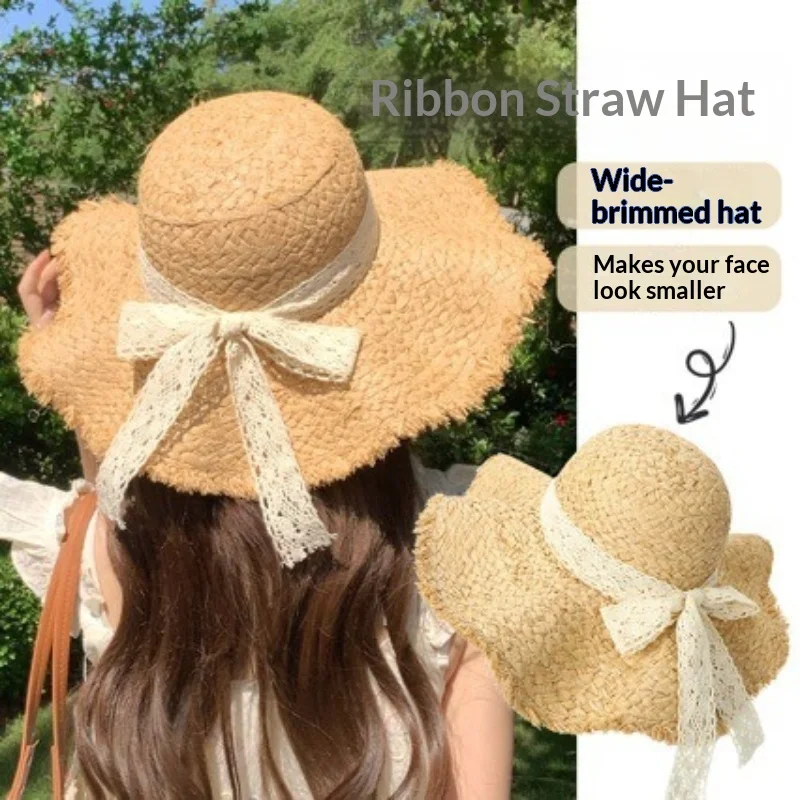 1 Stück vielseitiger Damen-Strohhut mit Seidendekoration, Sonnenschutzhut mit großer Krempe für den Außenbereich, für Strand, Urlaub, Frühling/Sommer