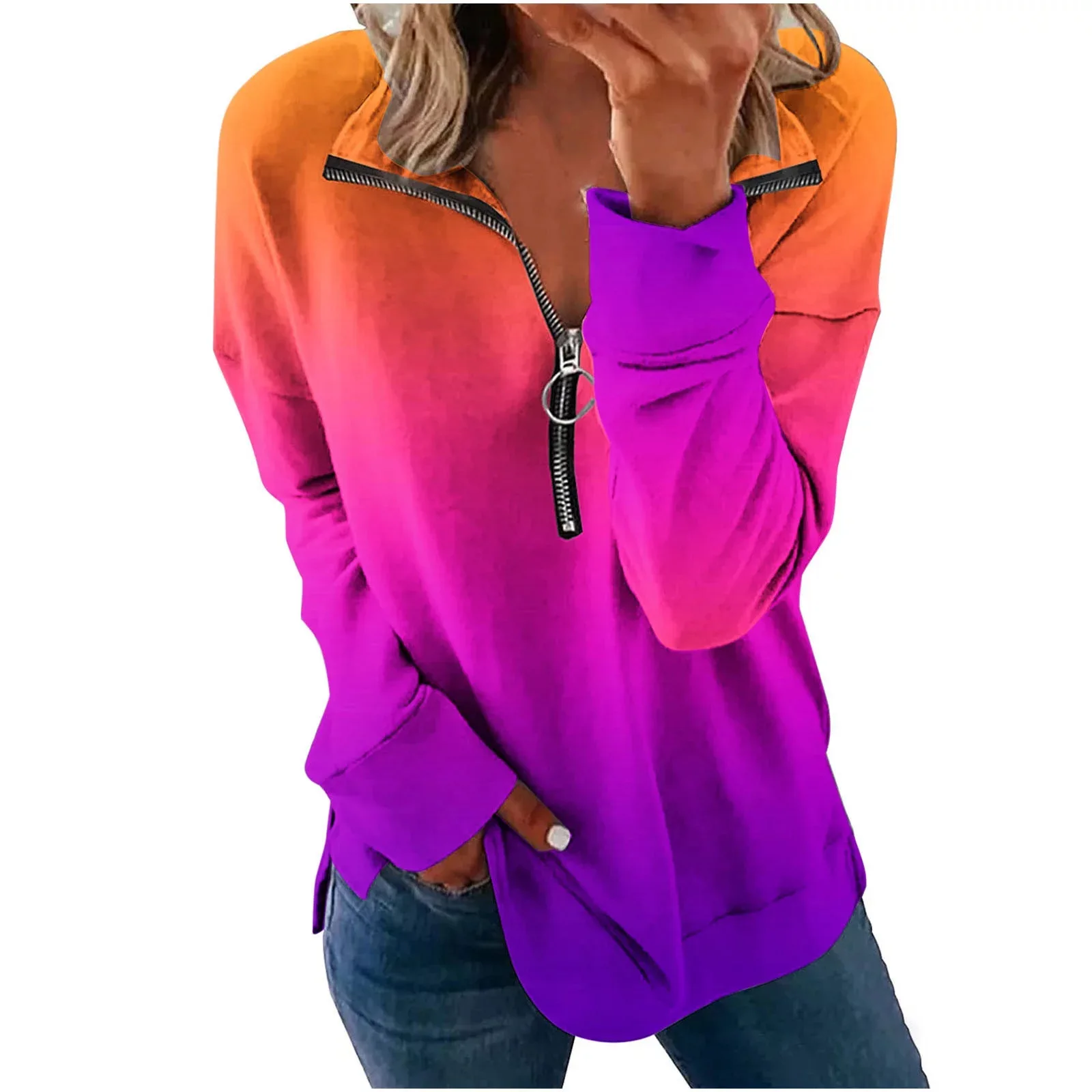 Gradient Collection T-Shirt Autumn New Lapel 3d Zipper Loose And Comfortable Polo Shirt Cross-Border Long Sleeved TopWF4