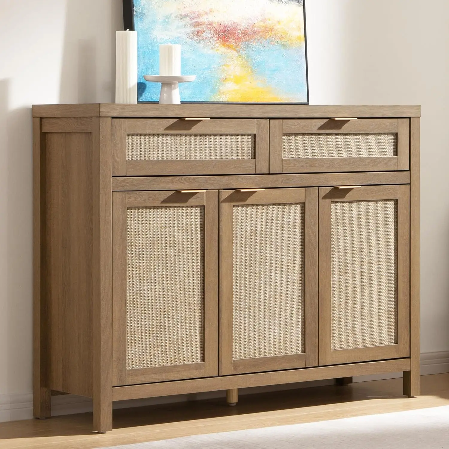 

Rattan Sideboard Buffet Cabinet with Storage, Boho Credenza Accent Cabinet with 3 Doors and 2 Drawers, Farmhouse Console Coffee
