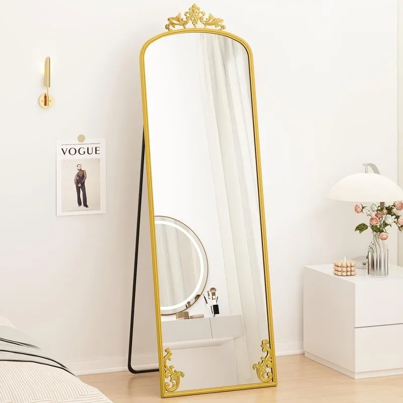 

Arched Mirror Full Length with Stand, 65" x 21" Black Floor Length Mirror with Carved Metal Frame, Full Body Wall Mirror