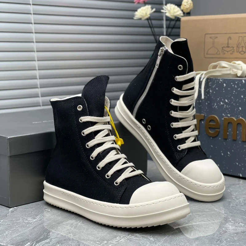 Brand Luxury Ramones Black Canvas High Top Sneakers Side Zipper Thick Rubber Sole Streetwear Punk Style Casual Shoes