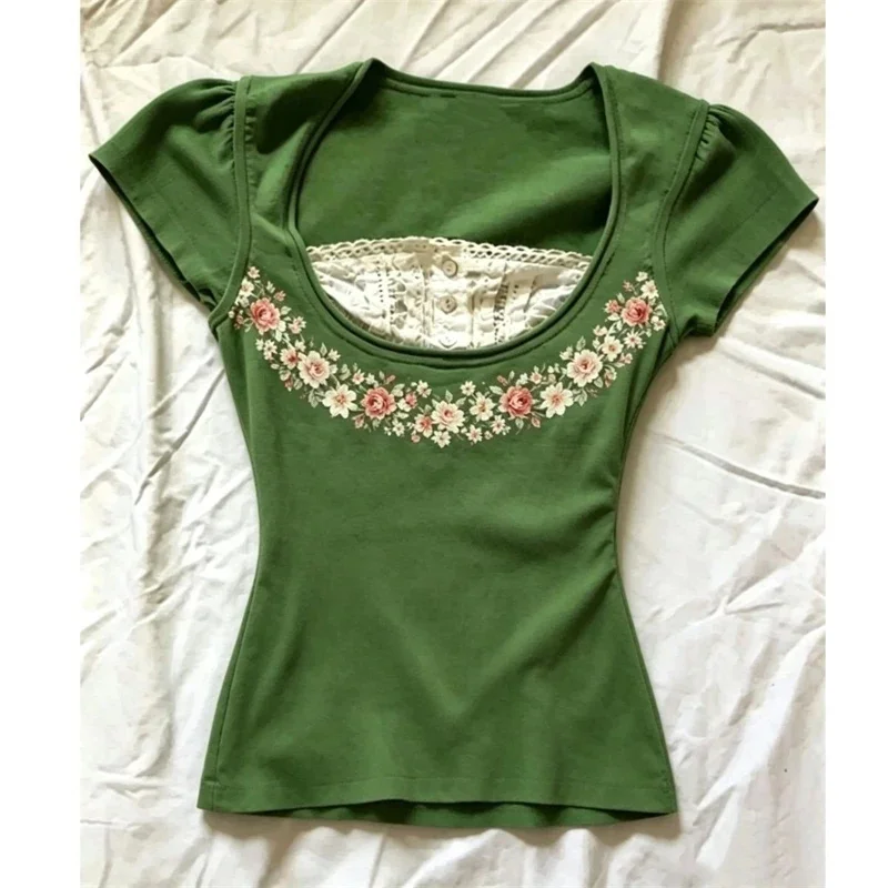 Sweet T-shirt Y2k Woman Clothes Slim Fake 2Piece Lace Floral Print 90s Himekaji Crop Top Vintage Punk Summer Kawaii Emo Tee Chic