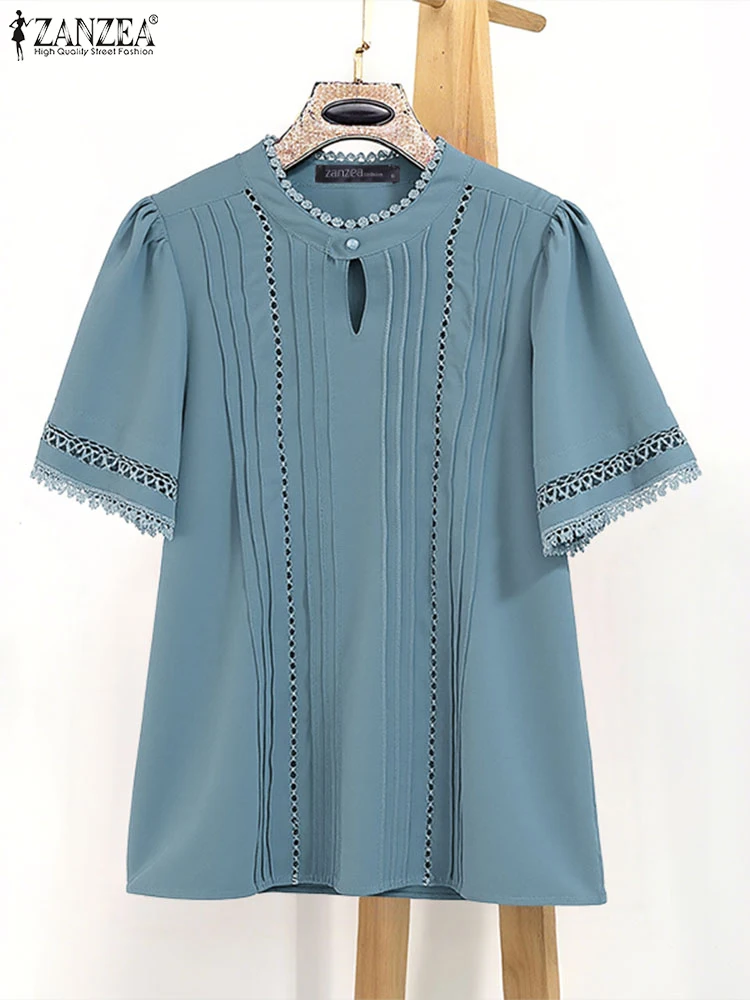ZANZEA Casual Loose Blouse Women Pleated Tops 2025 Solid Blusas Fashion Short Sleeve Tunic Elegant Office Work Pullovers S-3XL