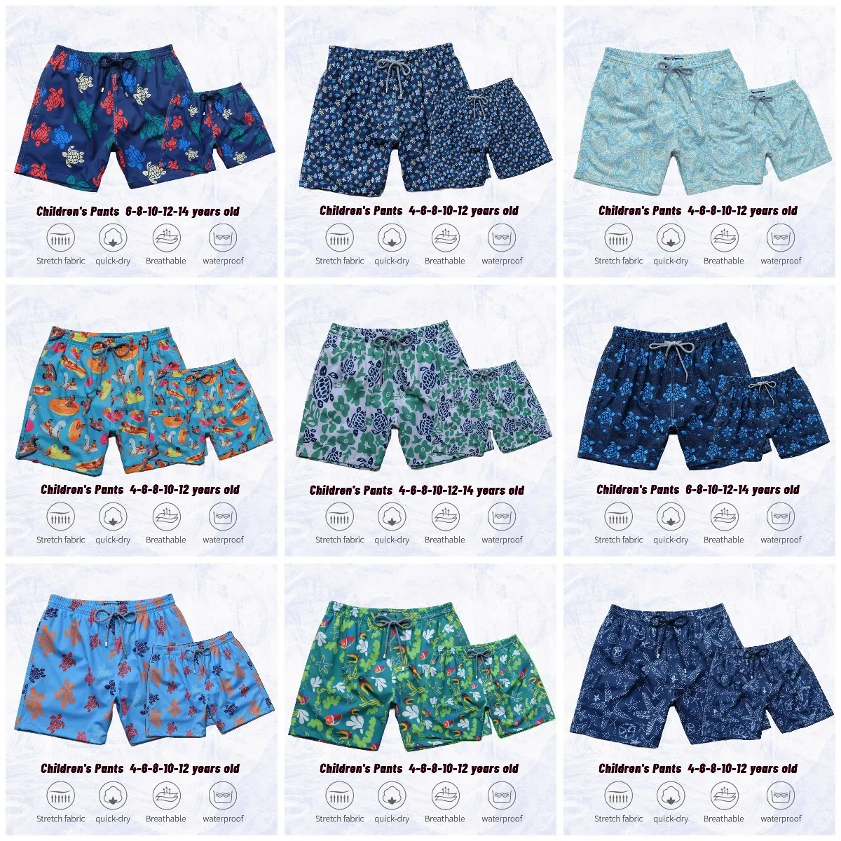 High Quality Turtle Brand Vilebre Kids Swim Shorts Father And Son Set Beach Shorts Sport Surf Pants Шорты Мужские Пляжные