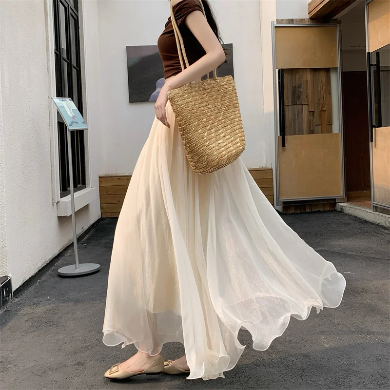 Overlapping  Base Skirt Shiny Half-length Fairy-like High-waist Slimming Midi White Tulle Skirt Ladies Fashion