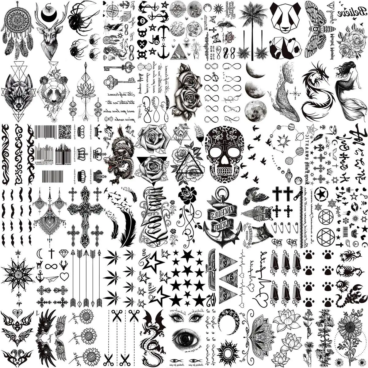 66 Sheets Small Black Temporary Tattoos For Women Men Face Neck Fake Tattoo Sticker Realistic Skull Flower Star Tatoos Kits Fun