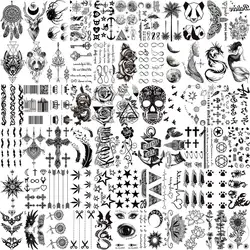 66 Sheets Small Black Temporary Tattoos For Women Men Face Neck Fake Tattoo Sticker Realistic Skull Flower Star Tatoos Kits Fun