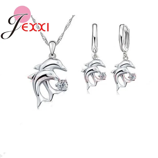 Doule Dolphin Jewelry Sets 925 Sterling Silver  Jewellery White Cubic Zirconia Pendant Necklace Lever Back Earring