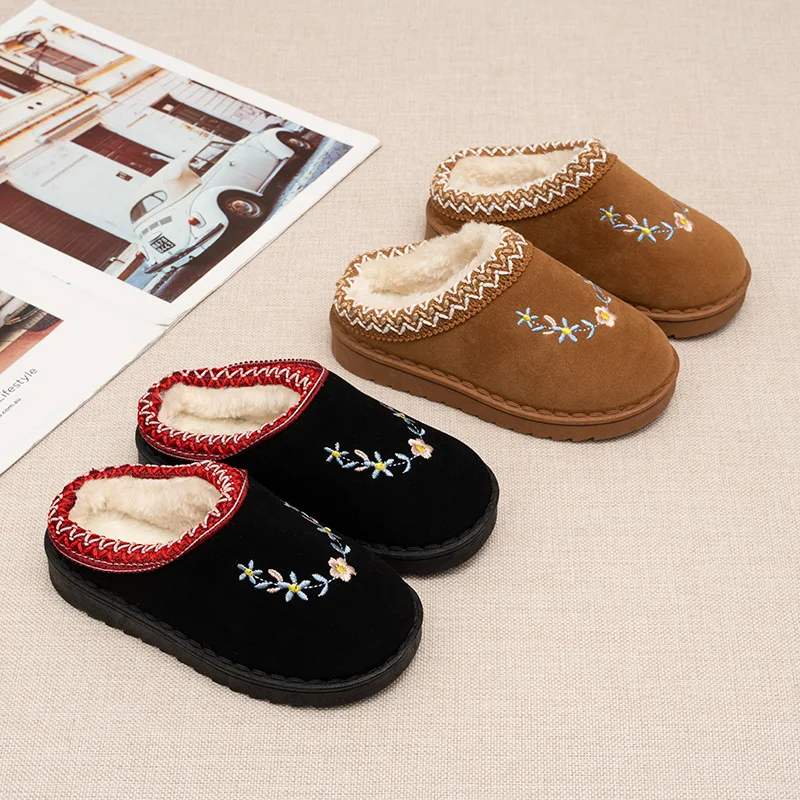Toddler Kids Floral Embroidery Winter Slippers Fleece‑Lined Thick Sole Slip‑On Warm House Shoes