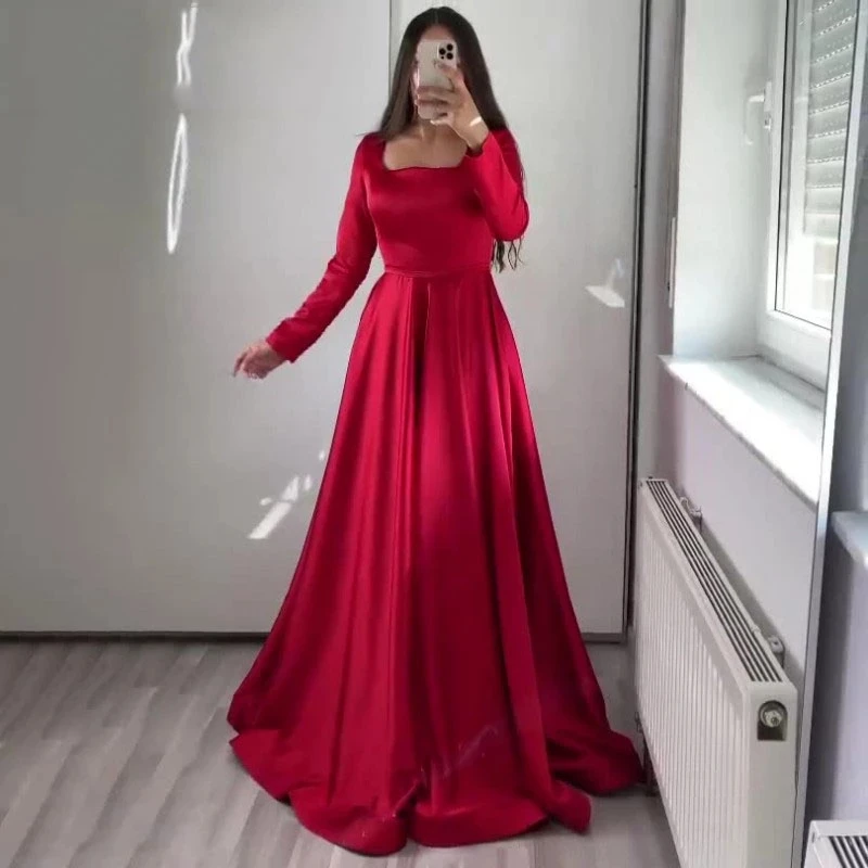 

Angelsbridep Red Square Neck A-Line Evening Dresses 2023 Long Sleeves Satin Formal Evening Gowns Simple Vestido De Fiesta Corto