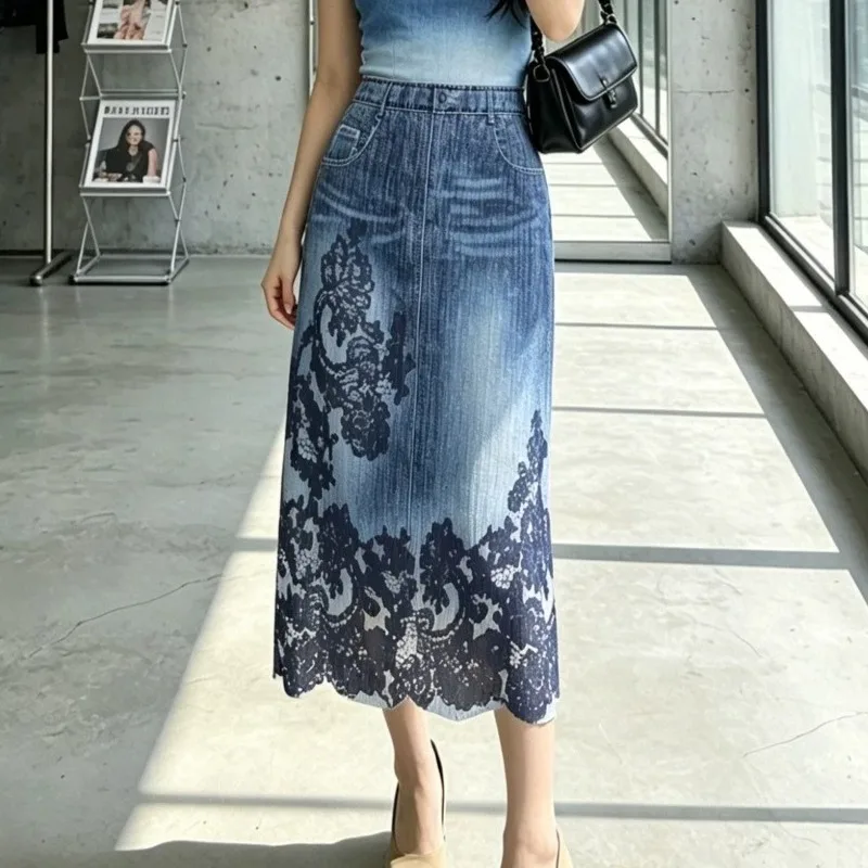 Miyake High-End Pleated Plus Size Skirt 2026 Summer New Fashion Denim Print Jupe Casual Comfortable Light Luxury Elegant Skirt
