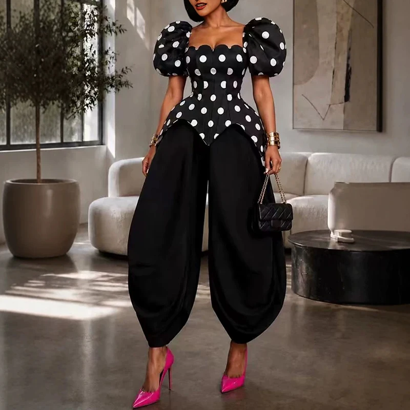 New Polka Dot Print Party Outfit Summer Fashion Street Women Suit Square Neck Puff Sleeve Top with Wide Leg Pants Two Piece Set