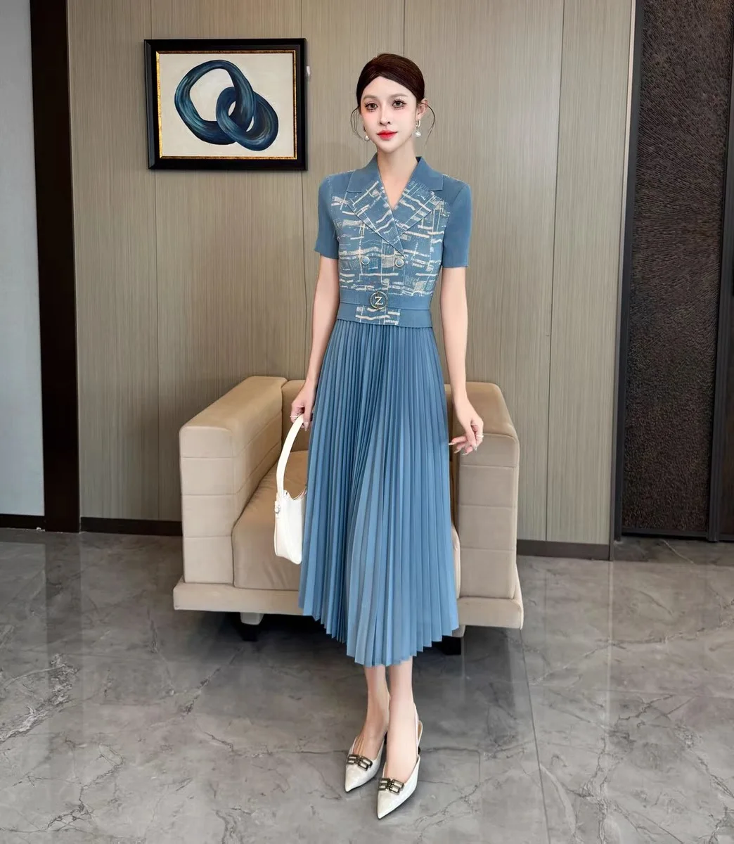 Платье со морщинами, летняя универсальная маленькая клетчатая юбка с воротником, плиссированная юбка с завязкой на талии, волшебная юбка для похудения, искусственная двухкорейская одежда