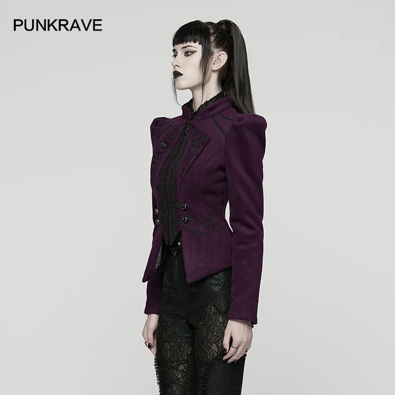 PUNK RAVE Women's Gothic Delicate Embroidered Small Turn-down Collar Woolen Coat Adjustable Drawstring Elegance Jacket