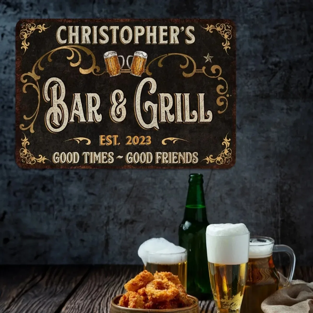 Custom Text Bar & Grill Metal Sign Vintage Home Backyard BBQ Decor Waterproof Dustproof Plaque