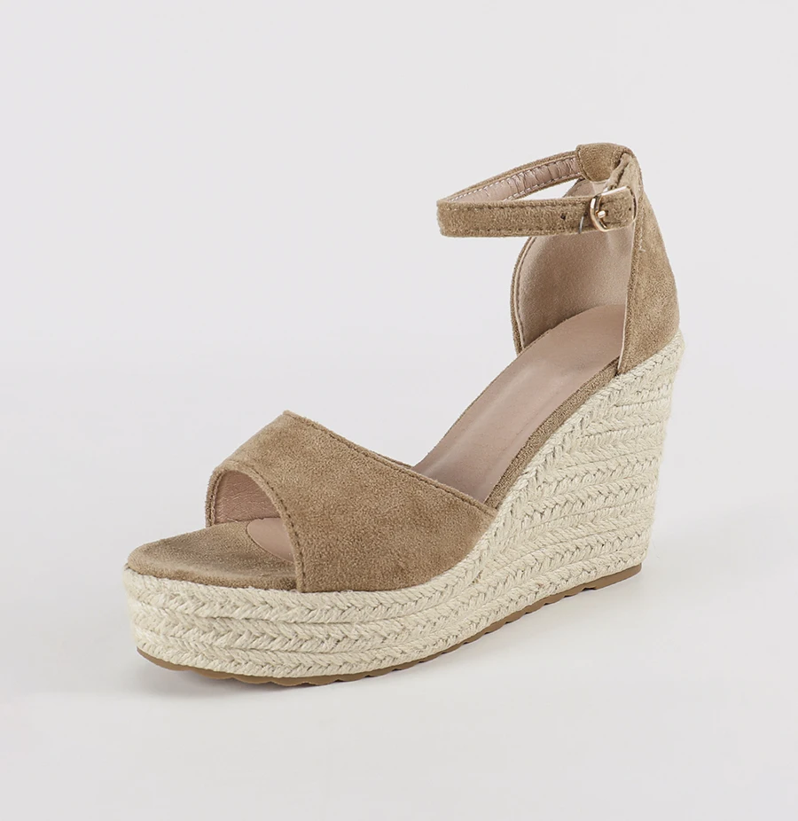 LIHUAMAO, suela de cuerda, cuñas, alpargatas, zapatos, sandalias de gamuza para mujer, tacones altos, correa en el tobillo, sandalias peep toe, zapatos informales con plataforma