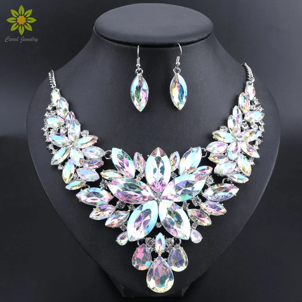 Neue Luxus Indische Brautschmuck Sets Hochzeit Party Kostüm Schmuck Damen Mode Geschenke Blume Kristall Halskette Ohrringe Sets