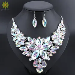 New Luxury Indian Bridal Jewelry Sets Wedding Party Costume Jewellery Womens Fashion Gifts Flower Crystal Necklace Earrings Sets