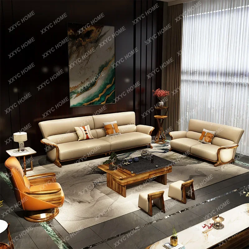 

Ugyen Wood Combination Solid-Wood Leather Sofa First Layer Leather Sofa Firestone Kung Fu Tea Table furniture living room