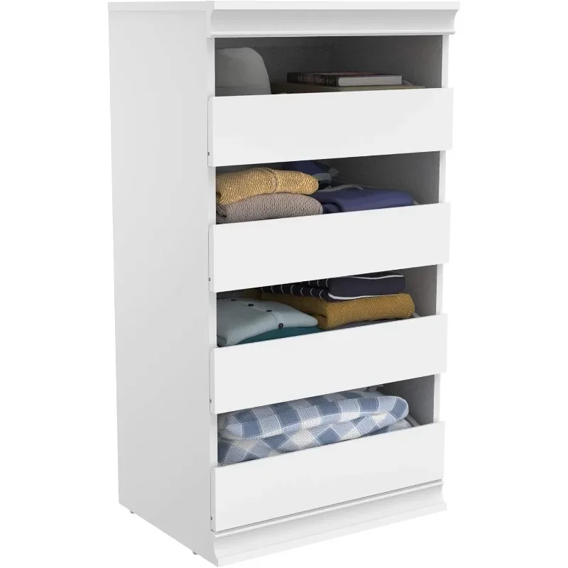 Modular Storage Unit with 4 Drawers, Wood Closet Organizer, Stacking, Full Backer, Storage, Decorative Trim, White