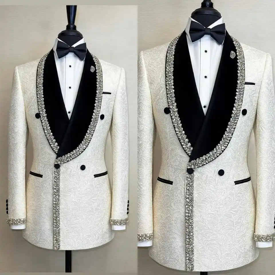 

Luxury Jacquard Men Suits 2 Pieces Shawl Lapel Double Breasted Pant Sets Crystals Loose Fit Groom Wedding Tuxedos Customized