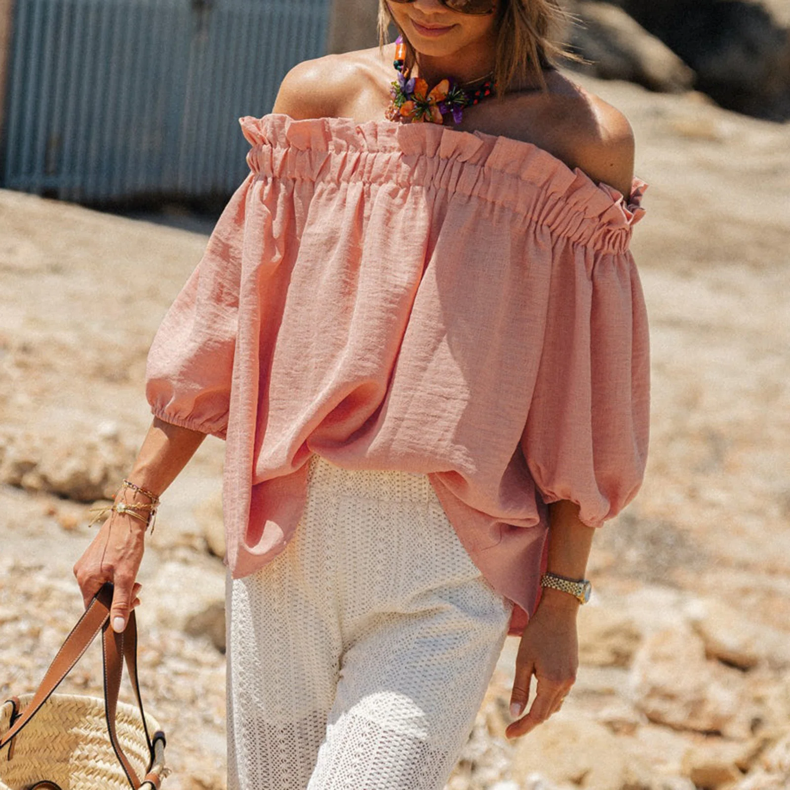 Woman Solid Color Ruffled Elastic Blouse Top Off Shoulder Boat Neck Loose Shirt Puffy Half Sleeves Leisure Top