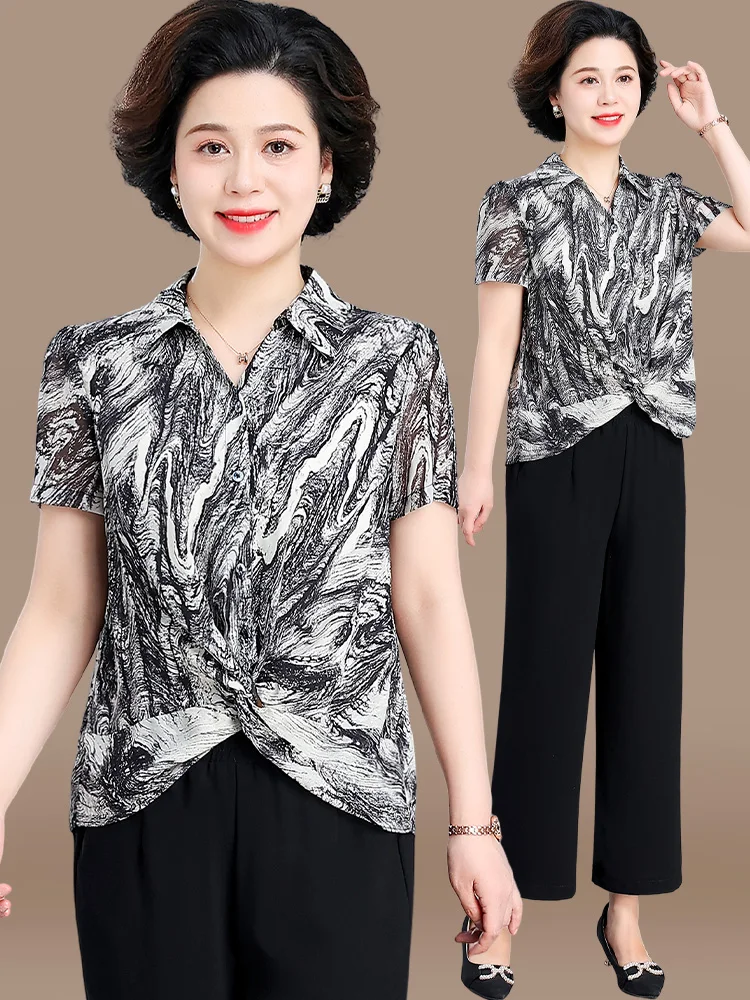 

Loose ort Sve Chiffon Set Faionable Summer Top for Middle-Aged Women Open Cardigan Sle Polyester Fiber Collar