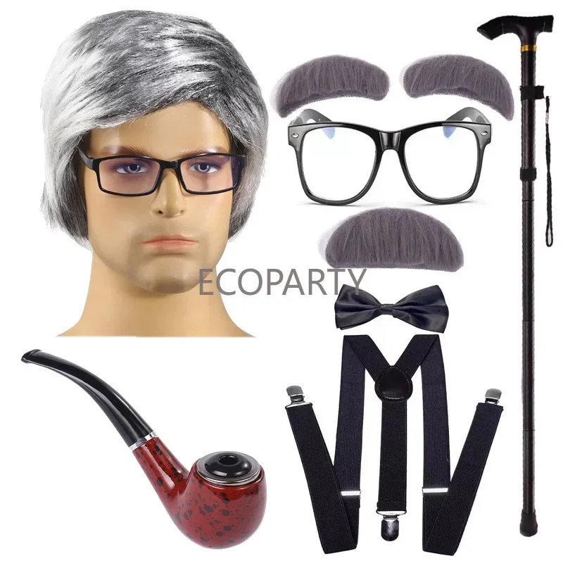 Old Man Costume Grandpa Grandma Costume Accessories Set Party Cosplay Supplies Adults 1920s Mens Costume with Newsboy Hat