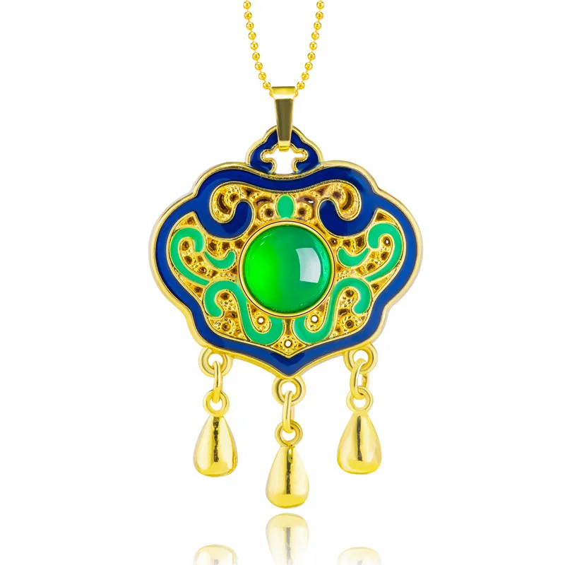 

Green Real Jade Agate Ruyi Pendant Necklace Energy Men Chain Carved Fashion Gift Stone 18K Gold Plated Natural Jewelry