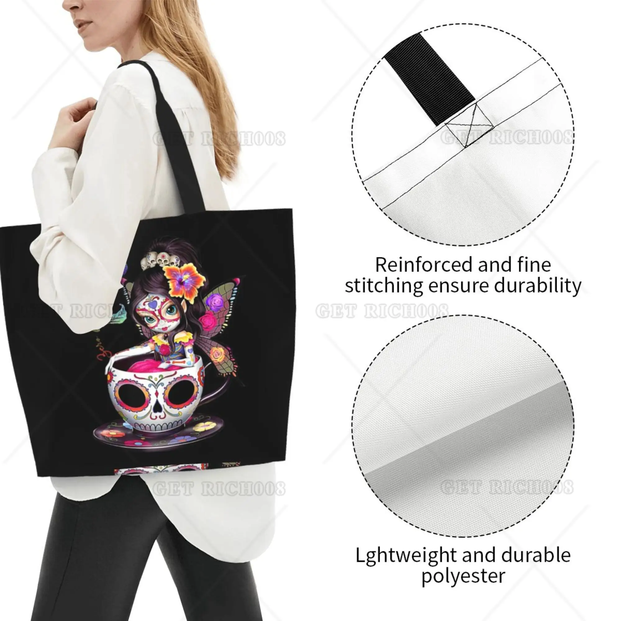 Suger Skull Fairy borsa per la spesa a tracolla da donna colorata borsa per la spesa riutilizzabile da Picnic da lavoro borsa per la spesa riutilizzabile Eco Bag