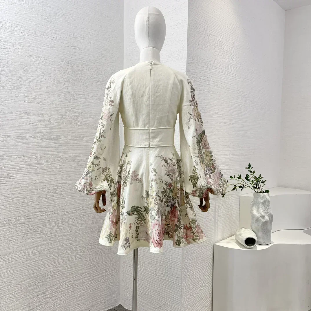 Newest Summer Women High Quality Linen Cream White Floral Print Deep V-neck Long Sleeve Mini Dress