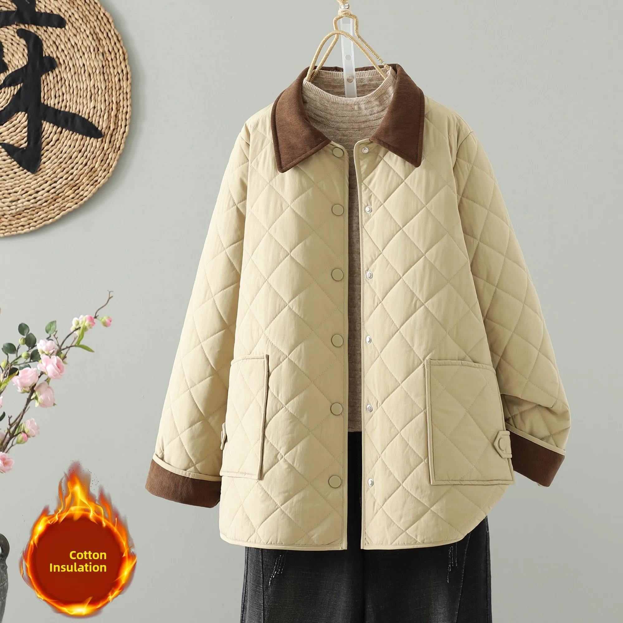 

Winter Color Blo Barn Sle Loose Fit Women's Cotton Jaet Stand Collar Faionable Patchwork Thiened Long Sve Coat