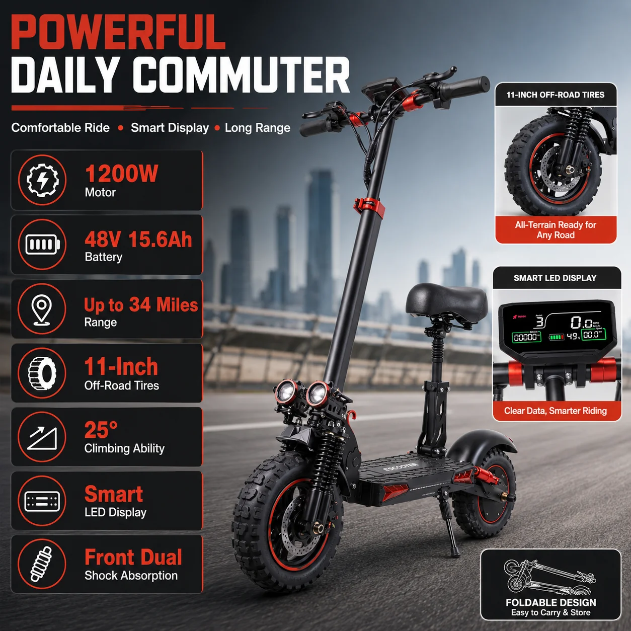 1200W Offroad Electric Scooter for Adults with Seat, 45-60KM/H Fast Speed E Scooter, 30-50KM Long Range Commuter Electric Kick Scooter, Dual Suspension, Off Road Tires, Disc Brakes, Folding Electric Scooter for Adults, US CA AU UK EU Warehouse Stock view 2