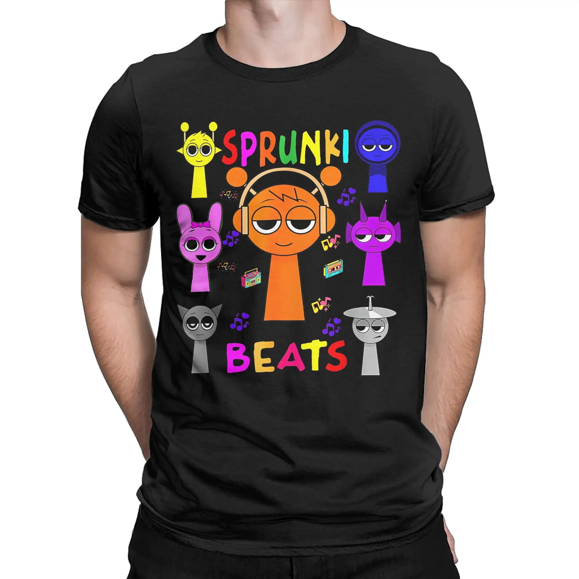 Sprunki Beats Funny Team Game T-Shirts for Men Incredibox Music Funny 100% Cotton Tee Round Collar Short Sleeve T Shirts merch