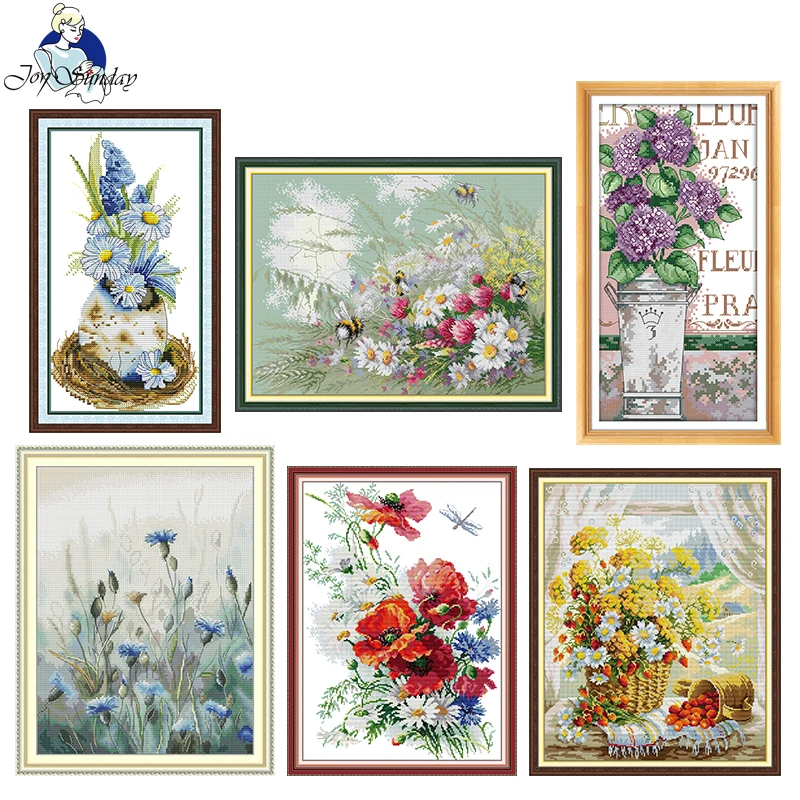 Stamped Cross Stitch Kit Canvas 14 /16 /11CT Embroidery Set for Beginner Joy Sunday Gift Art Wall Decor Daisies and Clover